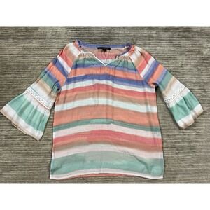 Zac & Rachel Top Womens Medium Multicolor Striped V-Neck 3/4 Sleeve Semi‎ Sheer